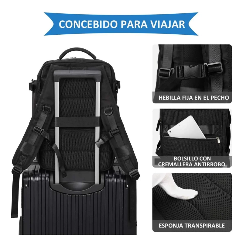 MOCHILA DE VIAJE NEGRA DE 40 LITROS CON DISEÑO LISO - 4