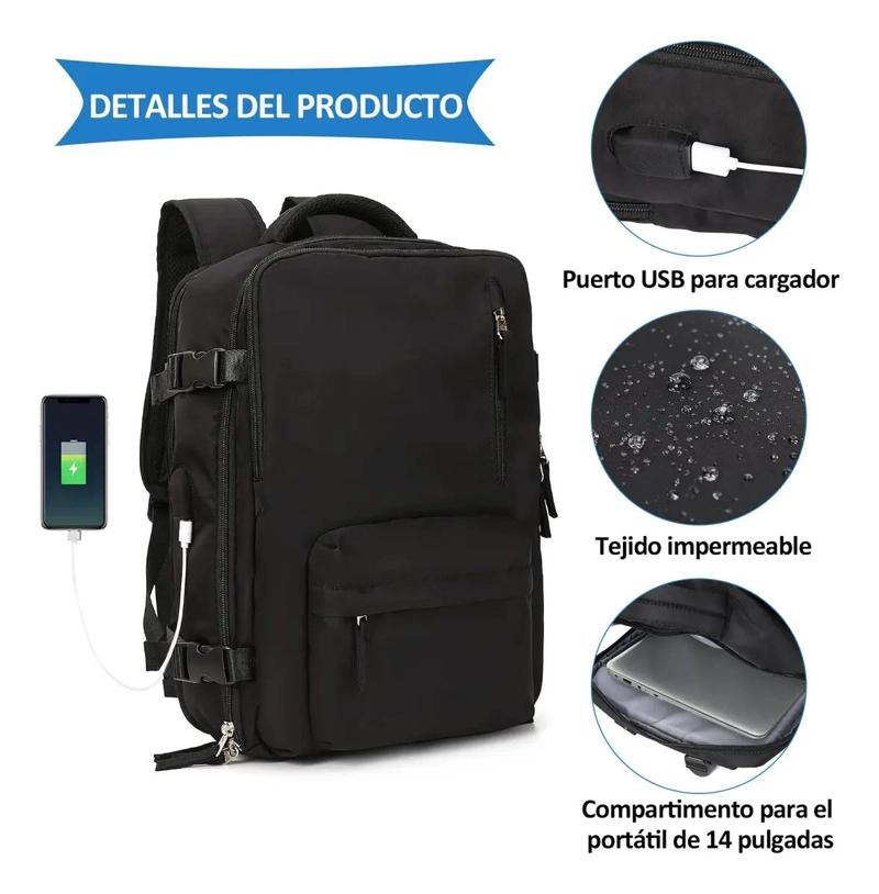 MOCHILA DE VIAJE NEGRA DE 40 LITROS CON DISEÑO LISO - 7