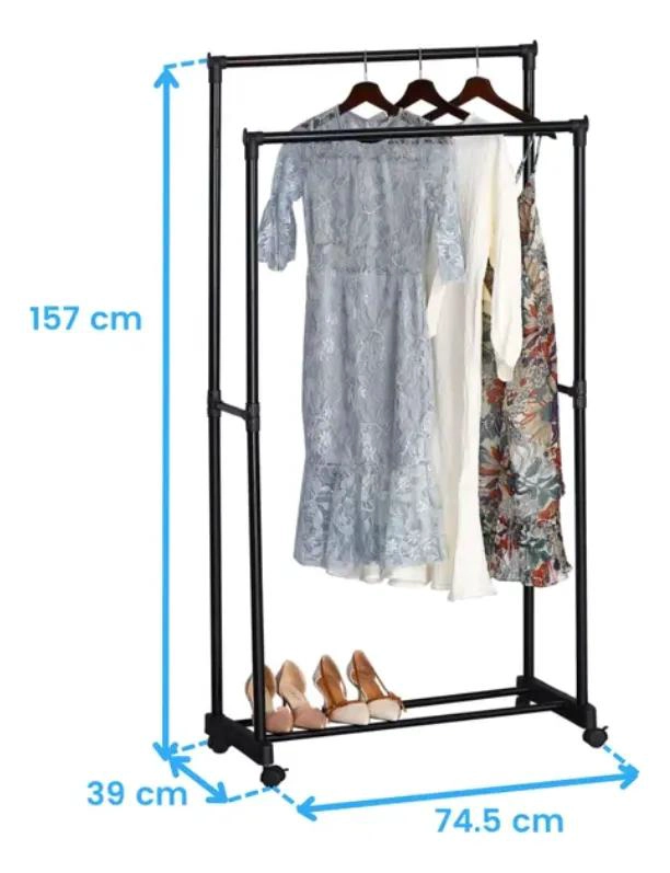 PERCHERO DOBLE BARRA AJUSTABLE CON RUEDAS PARA ROPA - 8