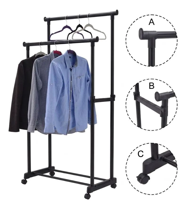 PERCHERO DOBLE BARRA AJUSTABLE CON RUEDAS PARA ROPA - 9