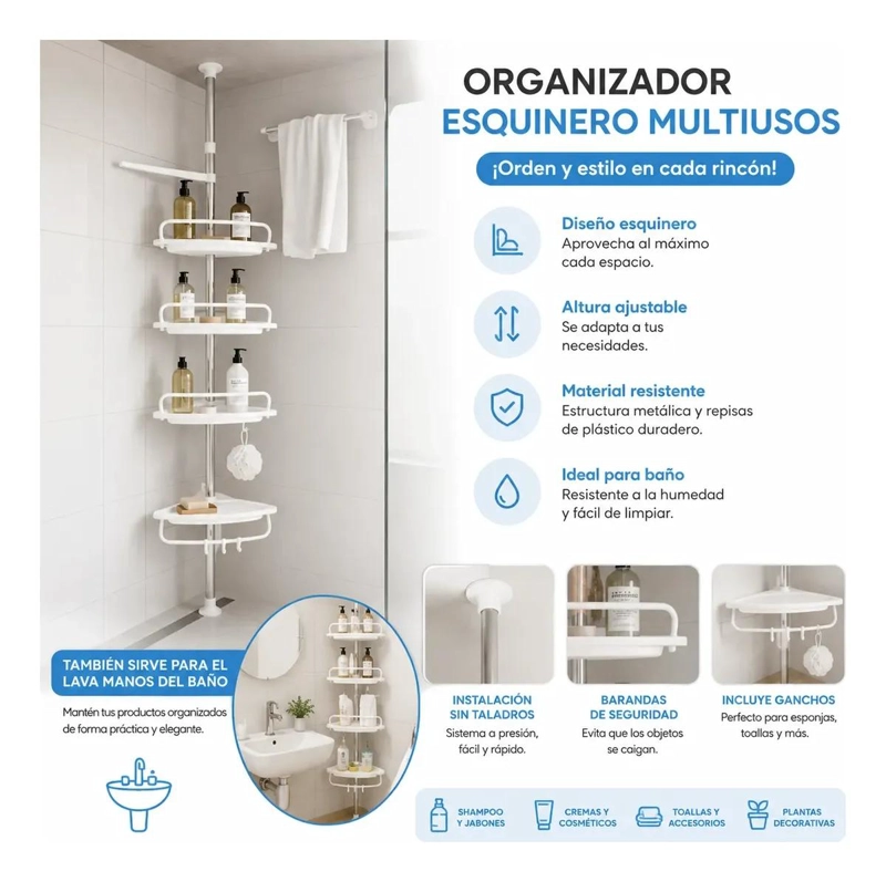 RACK ORGANIZADOR ESQUINERO TELESCOPICO DE BAÑO CON 4 REPISAS - 3