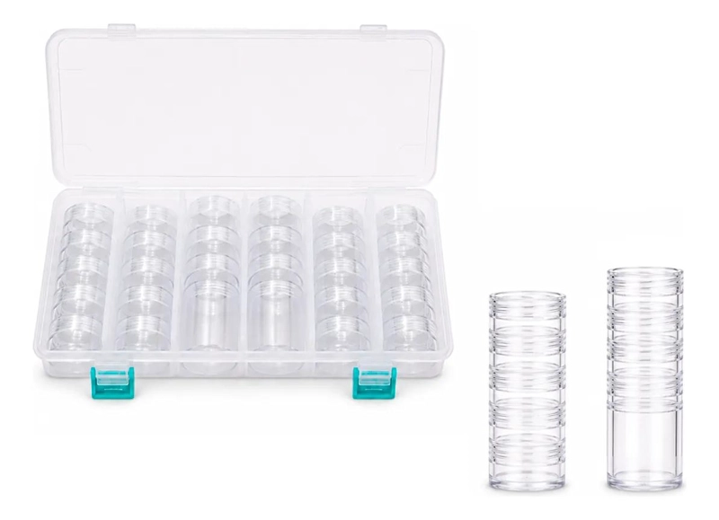 CAJA ORGANIZADORA TRANSPARENTE CON 28 FRASCOS ENROSCABLES - 1