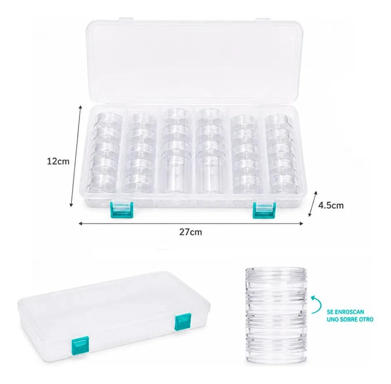 CAJA ORGANIZADORA TRANSPARENTE CON 28 FRASCOS ENROSCABLES - 3