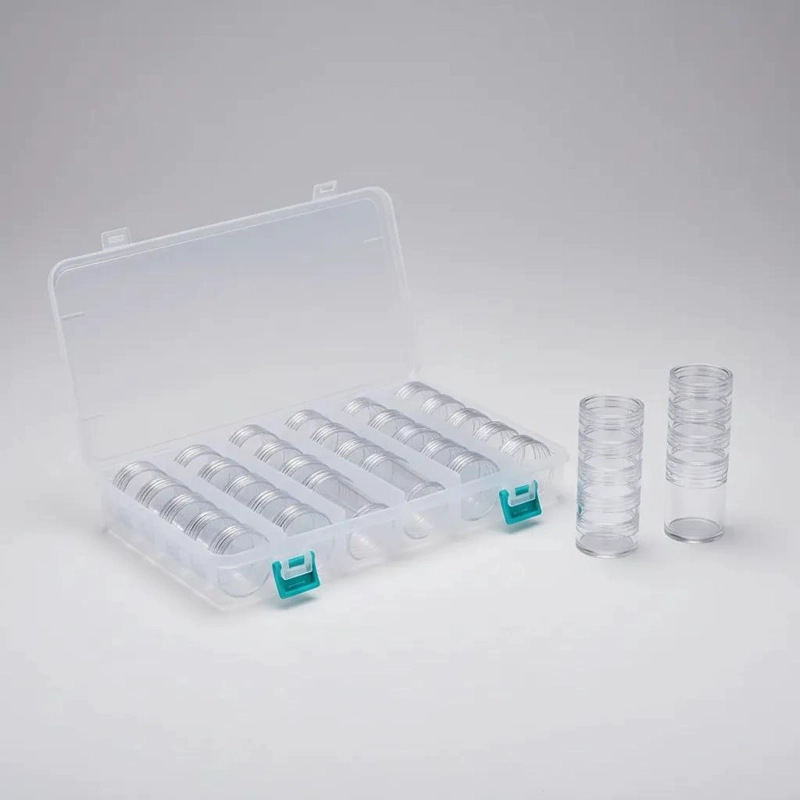 CAJA ORGANIZADORA TRANSPARENTE CON 28 FRASCOS ENROSCABLES - 5