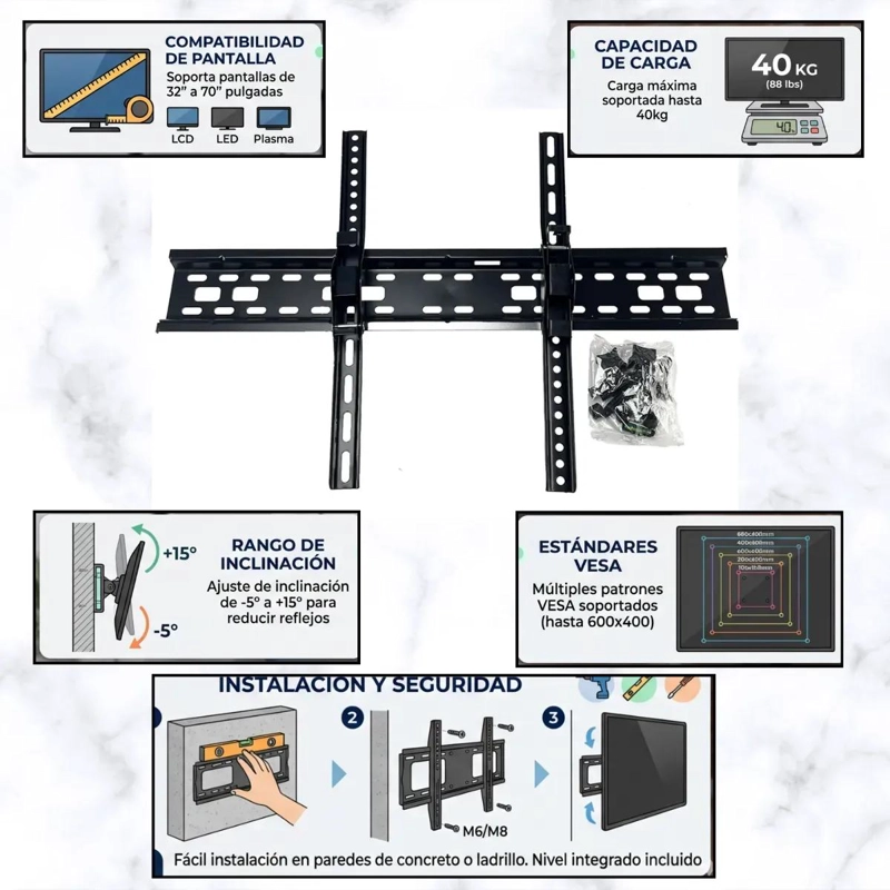 SOPORTE INCLINABLE PARA TV DE 32 A 70 PULGADAS CON KIT DE INSTALACION - 4