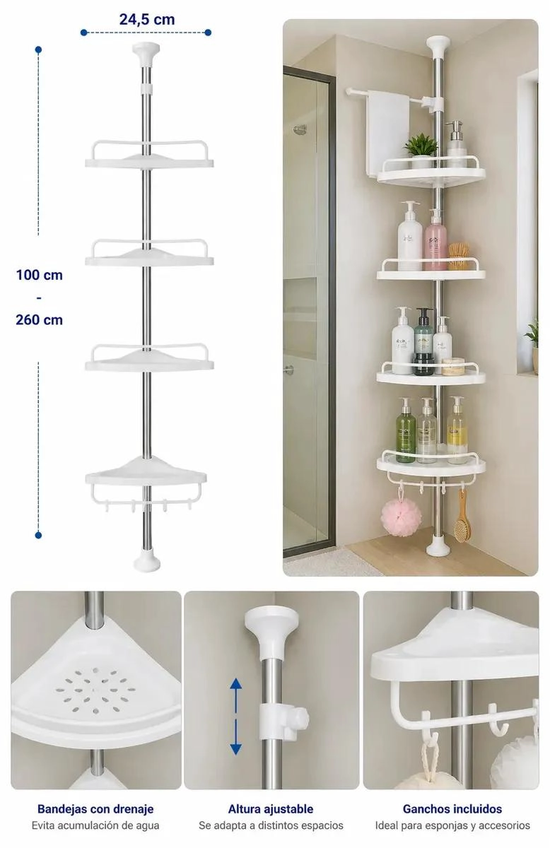 ORGANIZADOR ESQUINERO DUCHA DE 4 NIVELES PARA BAÑO COLOR BLANCO - 3