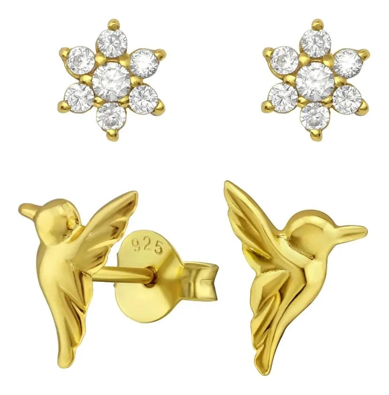 AROS COLIBRI Y FLORES DE PLATA 925 CHAPADA EN ORO - 1