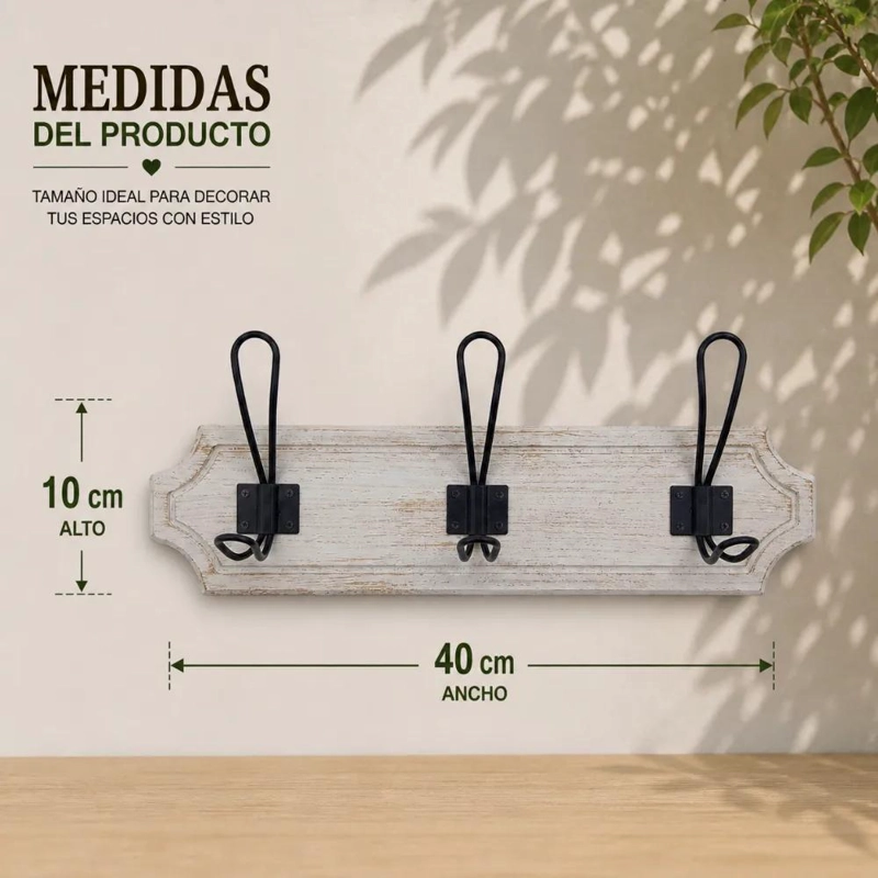 PERCHERO DE MADERA CON 3 GANCHOS PARA ROPA Y ACCESORIOS - 6