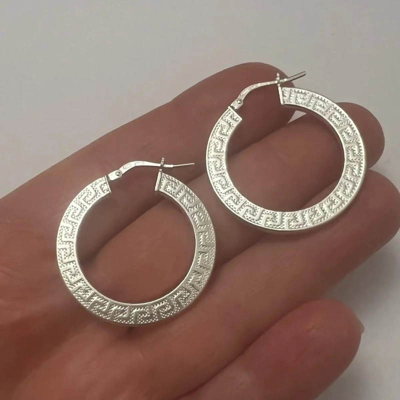 AROS DE PLATA 925 CON DISEÑO GRECA Y CIERRE SEGURO - 4