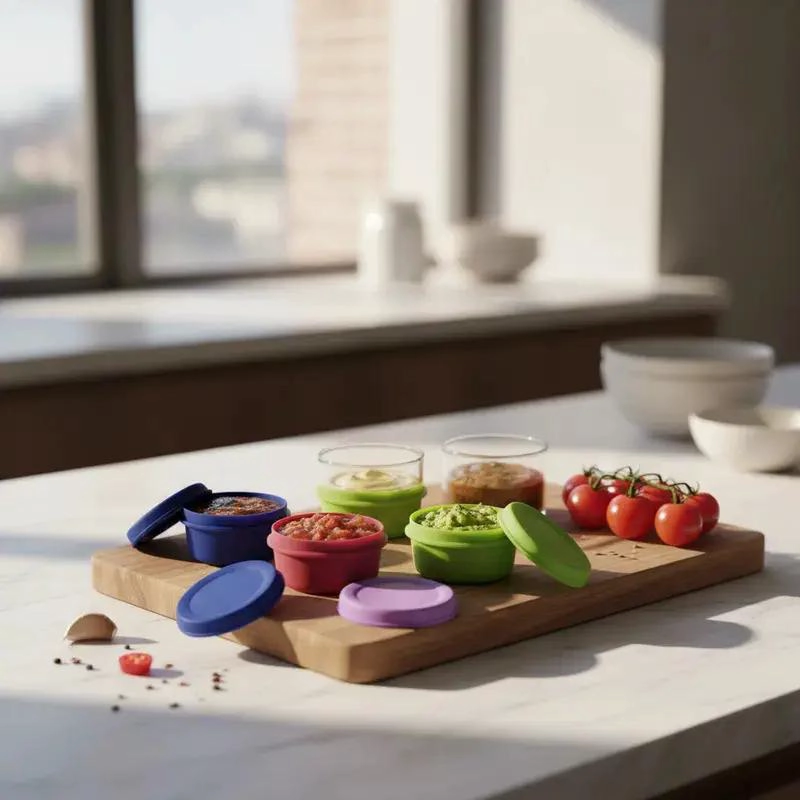 SET DE 8 MINI SALSEROS CON TAPA DE PLASTICO PARA CONDIMENTOS - 1