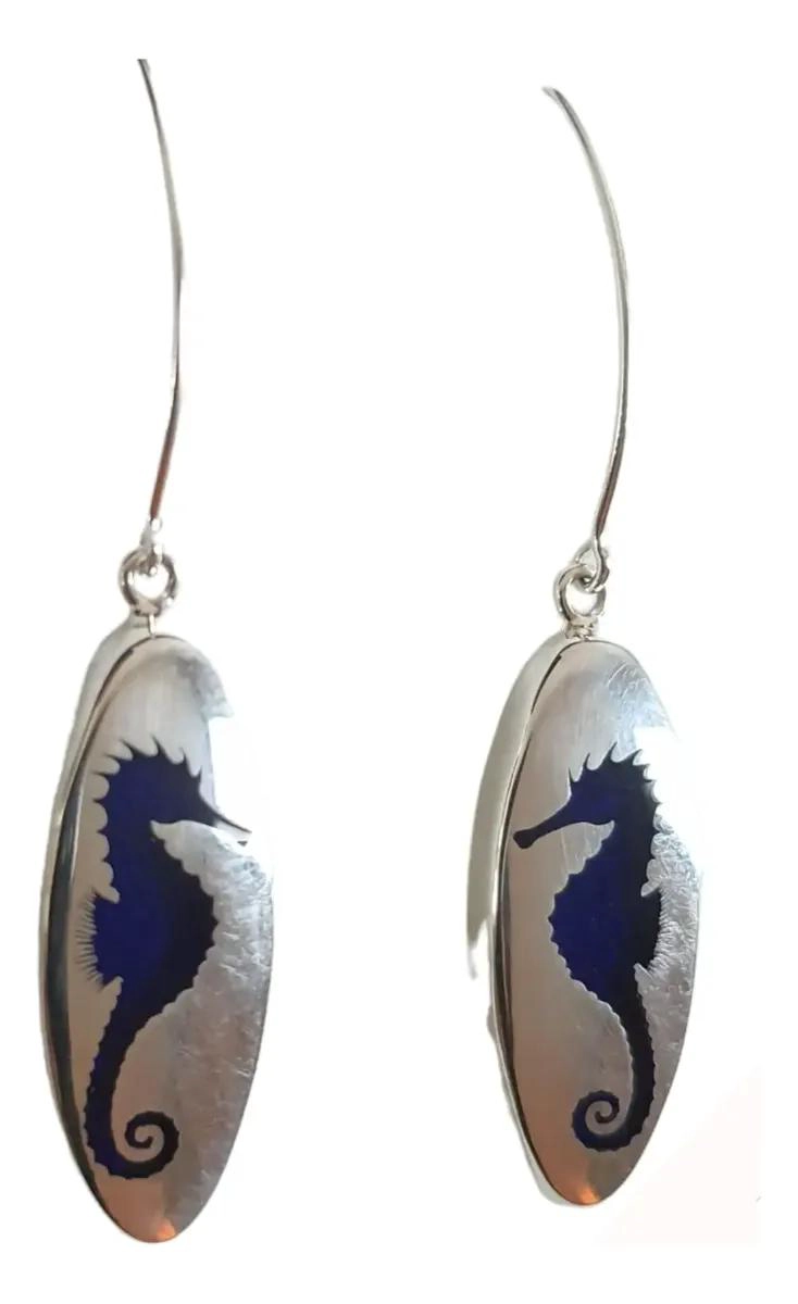 AROS DE PLATA 950 CON LAPISLAZULI MOLIDO DISEÑO CABALLO DE MAR - 1
