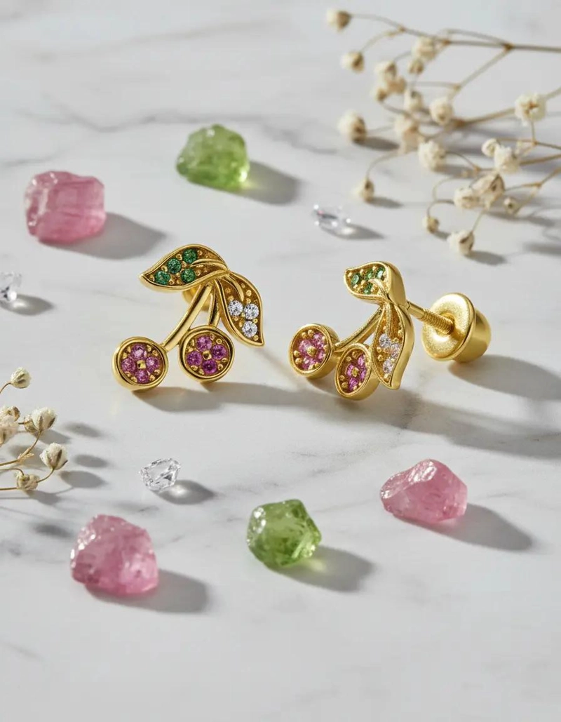AROS DE CEREZA EN PLATA BAÑADOS EN ORO 18K PARA NIÑAS - 2