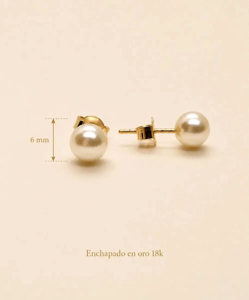 AROS DE PERLAS 6MM ENCHAPADOS EN ORO 18K PARA MUJER Y NIÑA - 3