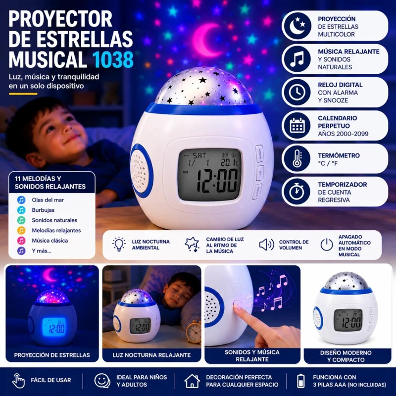 RELOJ DESPERTADOR INFANTIL PROYECTOR DE ESTRELLAS MUSICAL - 10