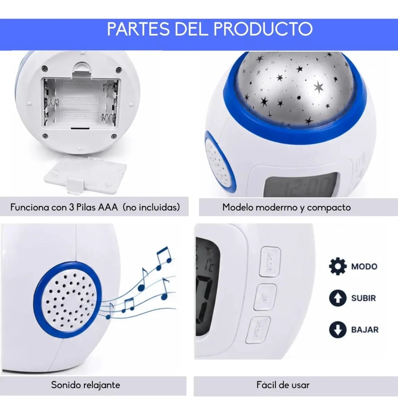 RELOJ DESPERTADOR INFANTIL PROYECTOR DE ESTRELLAS MUSICAL - 4