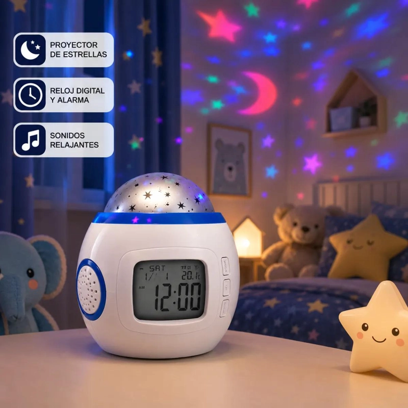 RELOJ DESPERTADOR INFANTIL PROYECTOR DE ESTRELLAS MUSICAL - 6