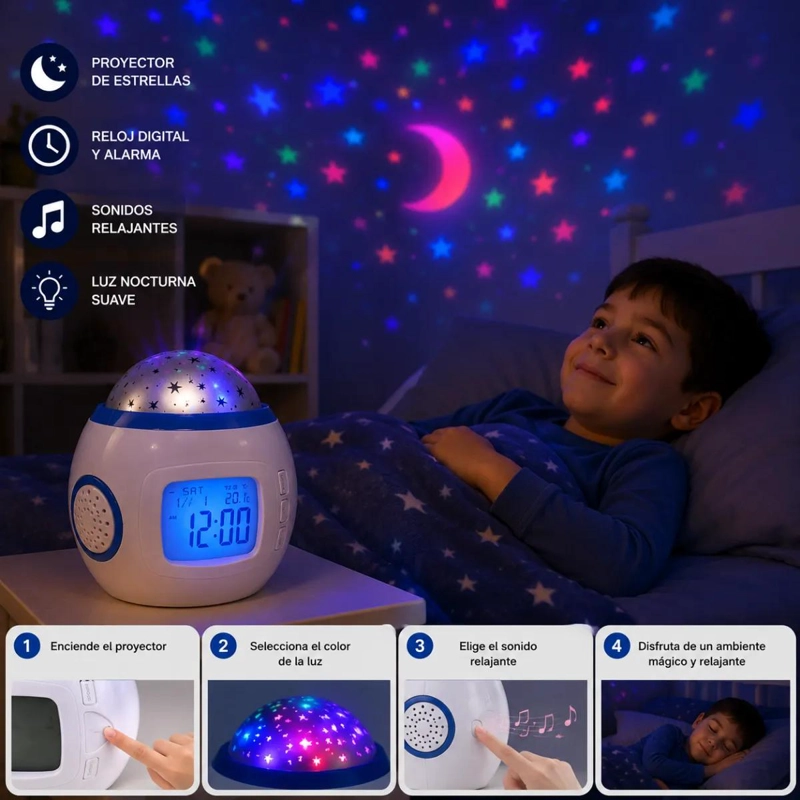 RELOJ DESPERTADOR INFANTIL PROYECTOR DE ESTRELLAS MUSICAL - 9