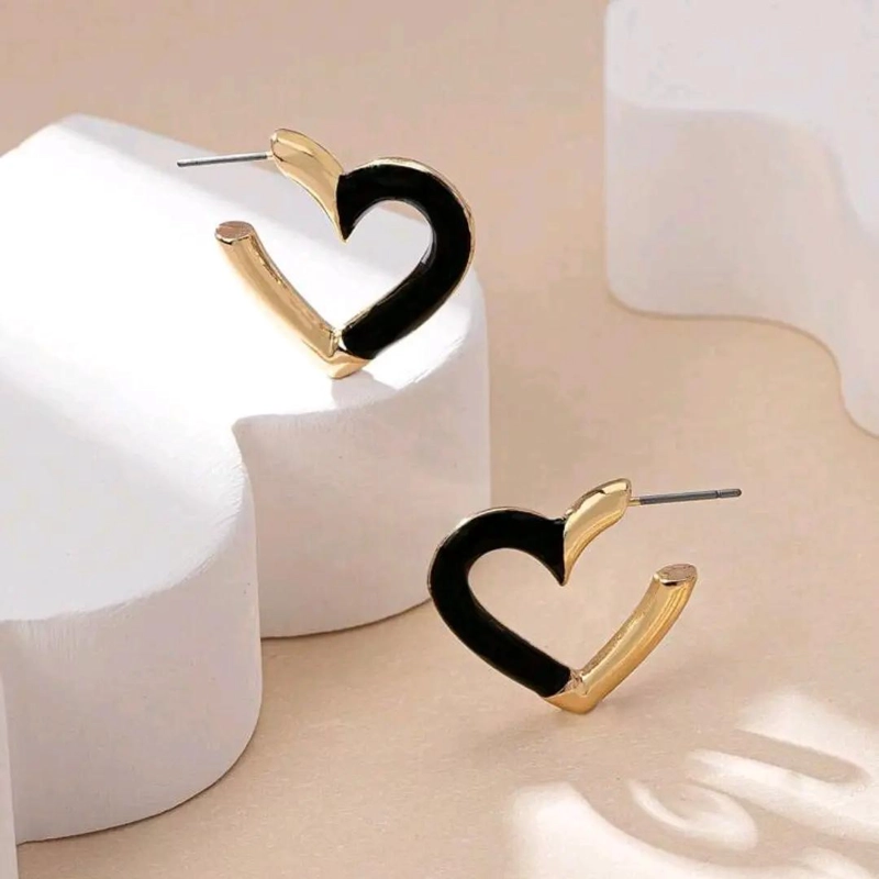 AROS ARGOLLA MUJER CORAZON ESMALTADO NEGRO BAÑO ORO 18K - 2
