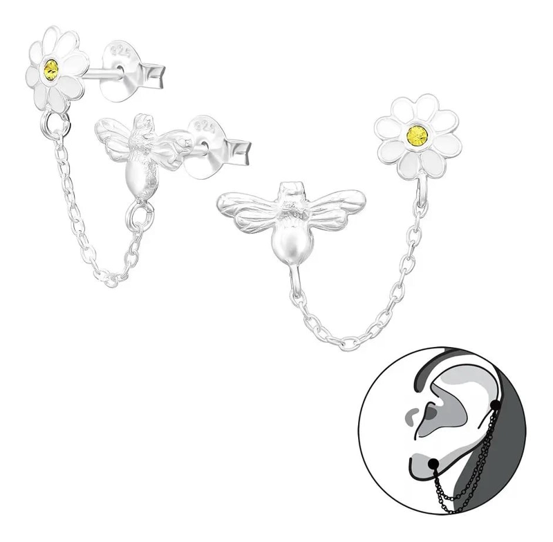 AROS DE ABEJA Y FLOR EN PLATA 925 PARA MUJER Y NIÑA - 1