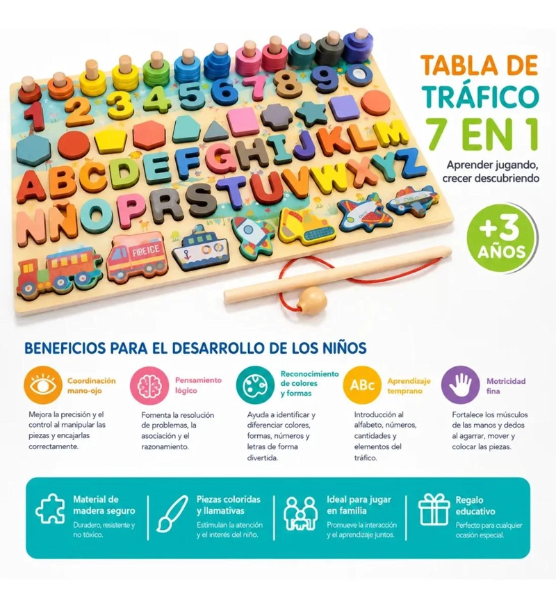 TABLERO DIDACTICO 7 EN 1 DE MADERA PARA APRENDIZAJE INFANTIL - 2