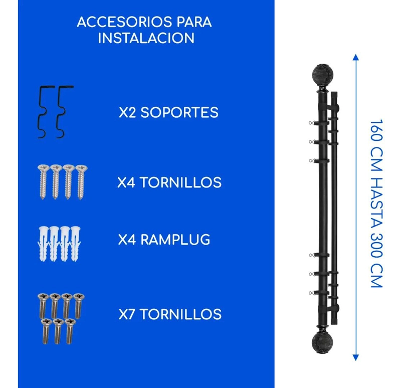 BARRA METALICA EXTENSIBLE PARA CORTINAS AJUSTABLE DE 160 A 300 CM - 2