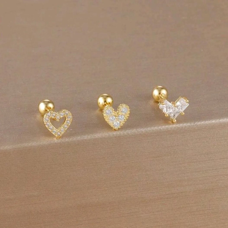 SET DE 3 PARES DE AROS CORAZON HIPOALERGE NICOS EN BAÑO DE ORO 18K - 2