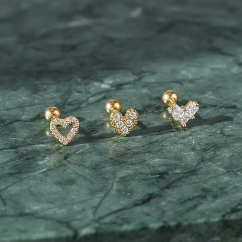 SET DE 3 PARES DE AROS CORAZON HIPOALERGE NICOS EN BAÑO DE ORO 18K - 3