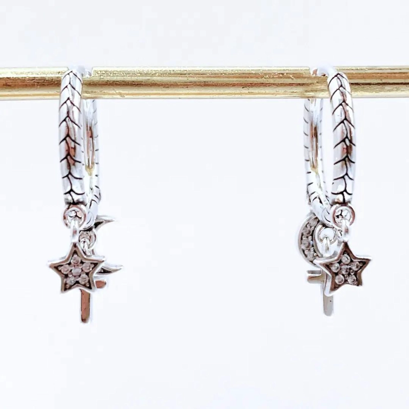 AROS DE PLATA 925 CON CIRCONES EN DISEÑO ESTRELLA Y LUNA - 3