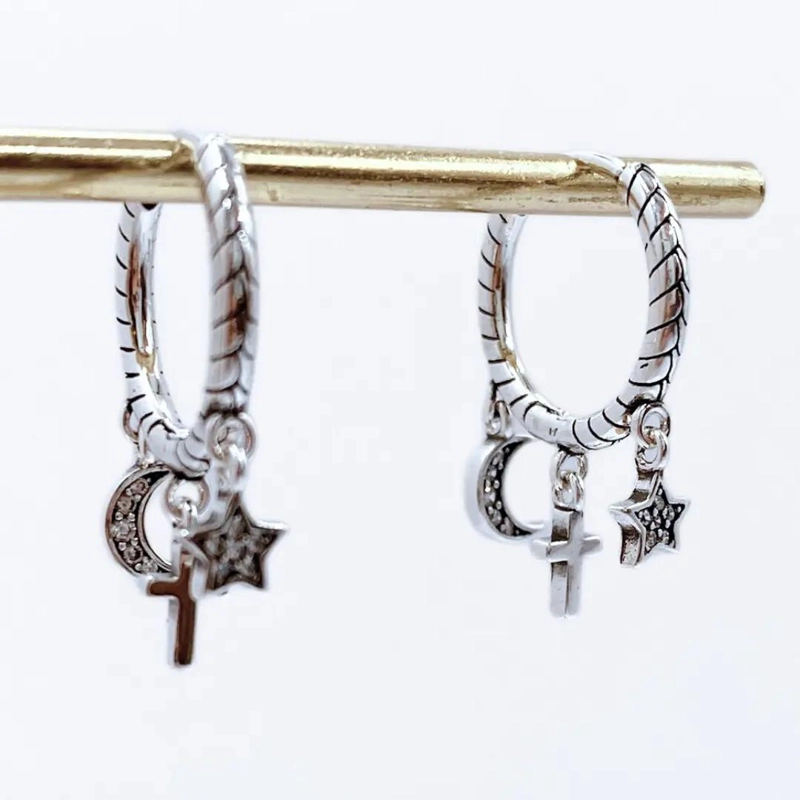 AROS DE PLATA 925 CON CIRCONES EN DISEÑO ESTRELLA Y LUNA - 4