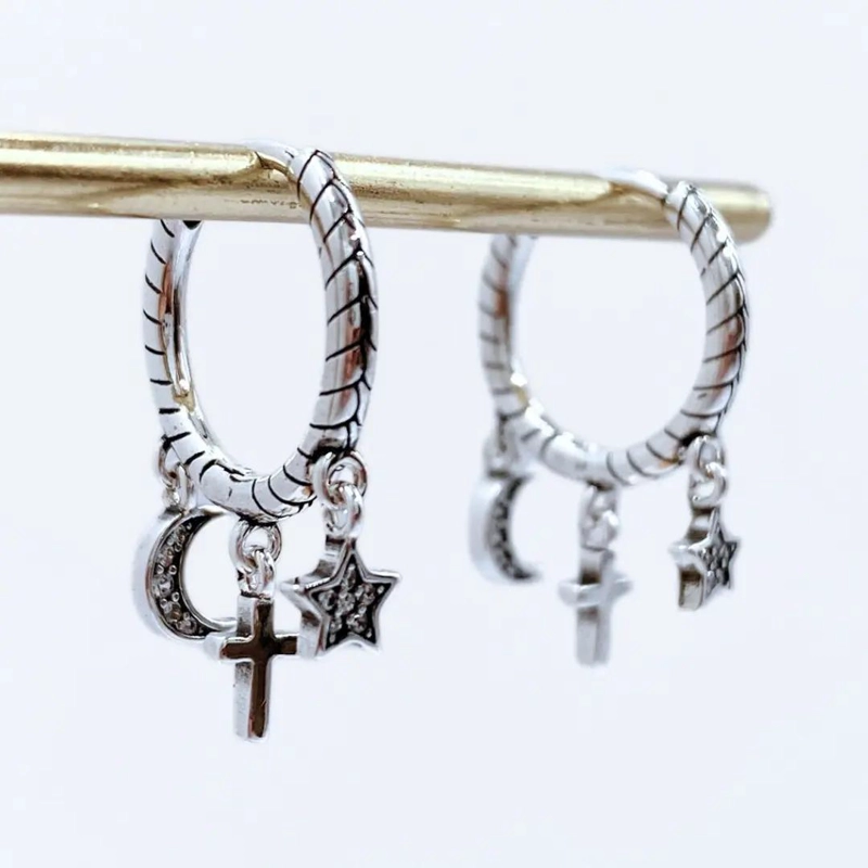 AROS DE PLATA 925 CON CIRCONES EN DISEÑO ESTRELLA Y LUNA - 6