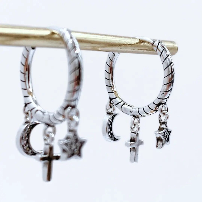AROS DE PLATA 925 CON CIRCONES EN DISEÑO ESTRELLA Y LUNA - 7