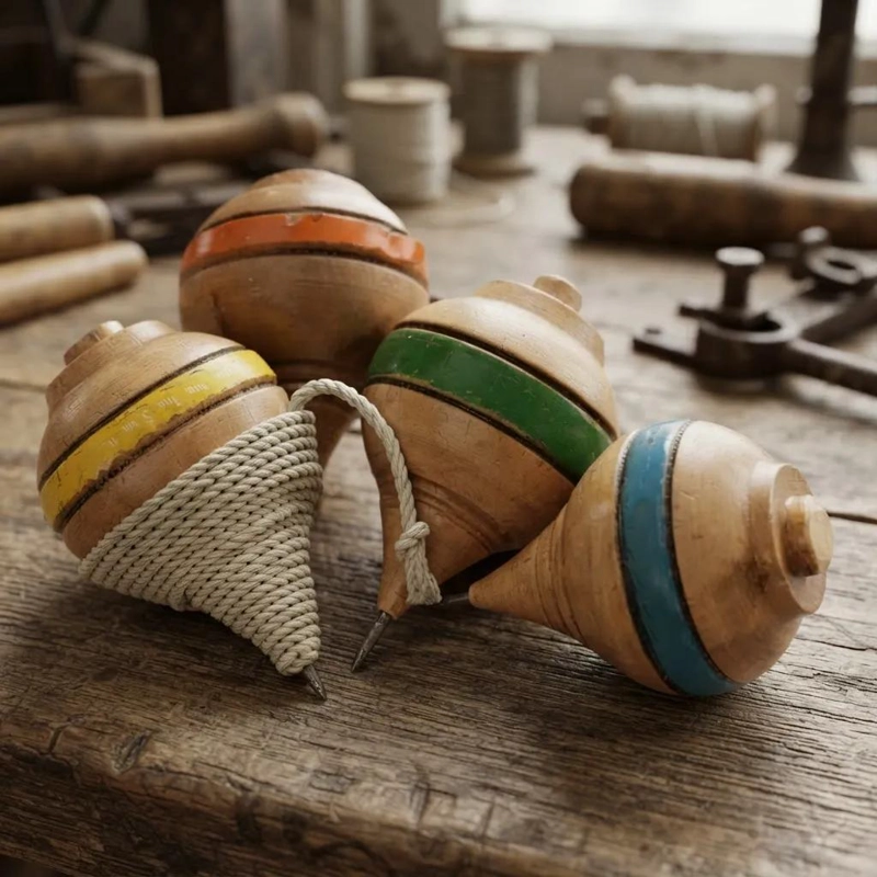 SET DE 12 TROMPOS CHILENOS DE MADERA N°3 CON LANZADOR - 2
