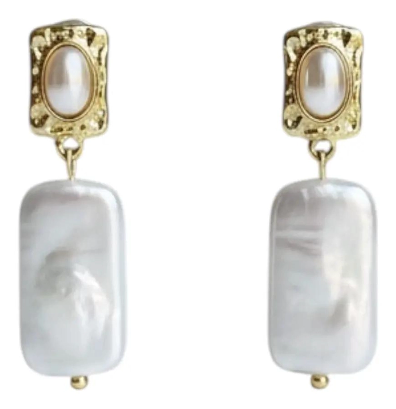 AROS LARGOS ELEGANTES CON PERLAS RECTANGULARES BAÑADOS EN ORO - 1