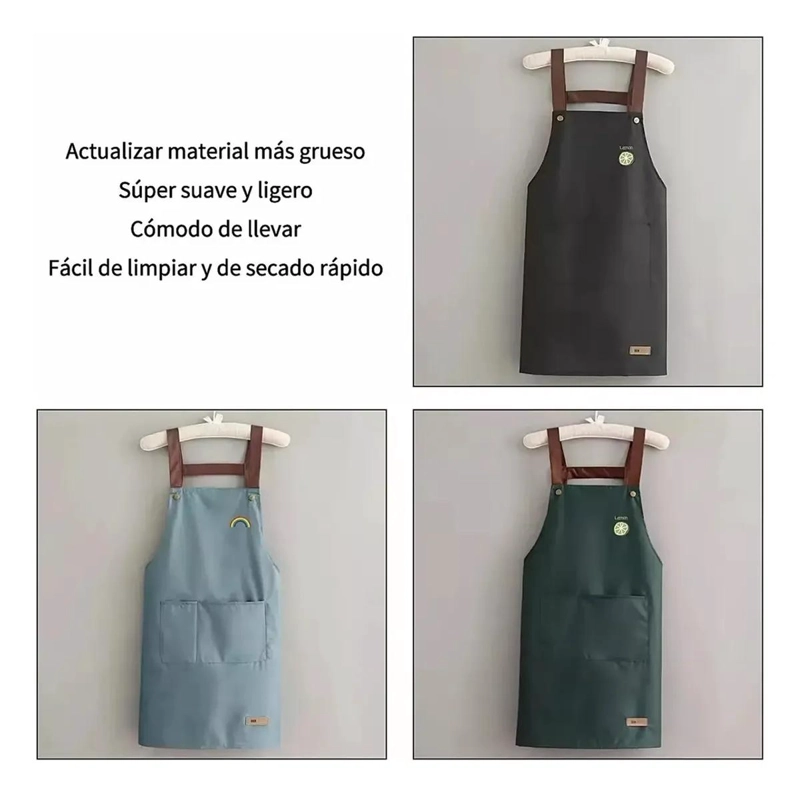 DELANTAL DE COCINA IMPERMEABLE Y AJUSTABLE CON BOLSILLOS - 4