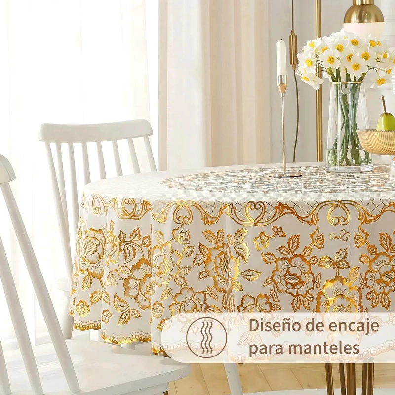 MANTEL REDONDO IMPERMEABLE Y ANTIMANCHAS COLOR DORADO - 5