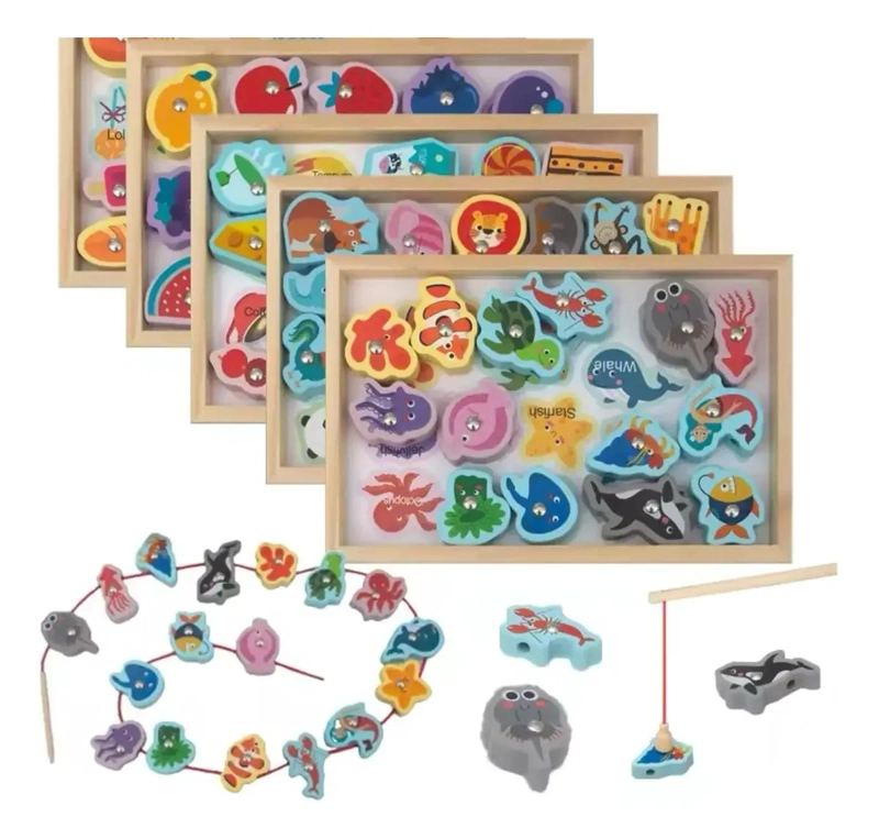 JUGUETE EDUCATIVO ENHEBRADOR DE MADERA CON FRUTAS Y ANIMALES - 1