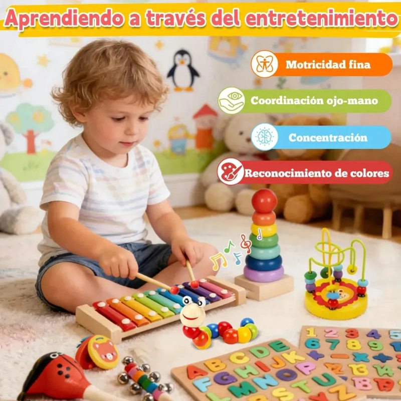 SET DE 11 JUGUETES DIDACTICOS DE MADERA PARA APRENDIZAJE INFANTIL - 1