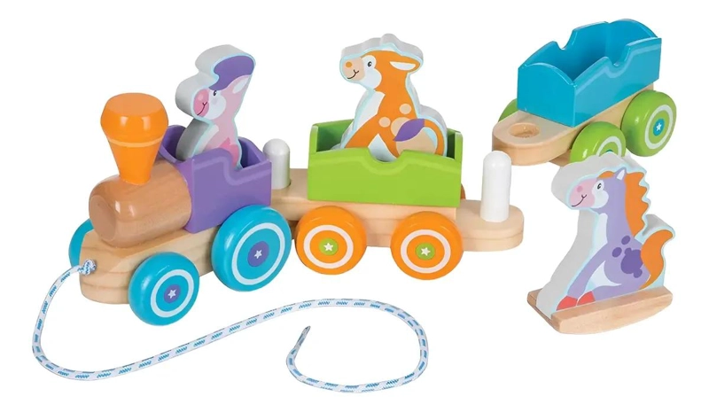TREN DE ARRASTRE DIDACTICO DE MADERA CON ANIMALES DE GRANJA - 1