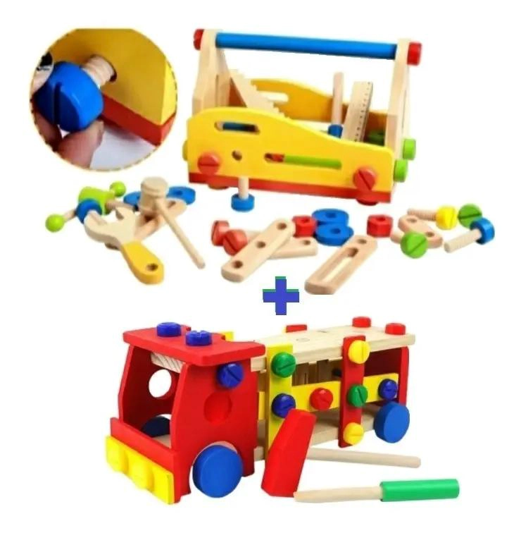 CAMION Y CAJA DE HERRAMIENTAS DE MADERA PARA NIÑOS - 1