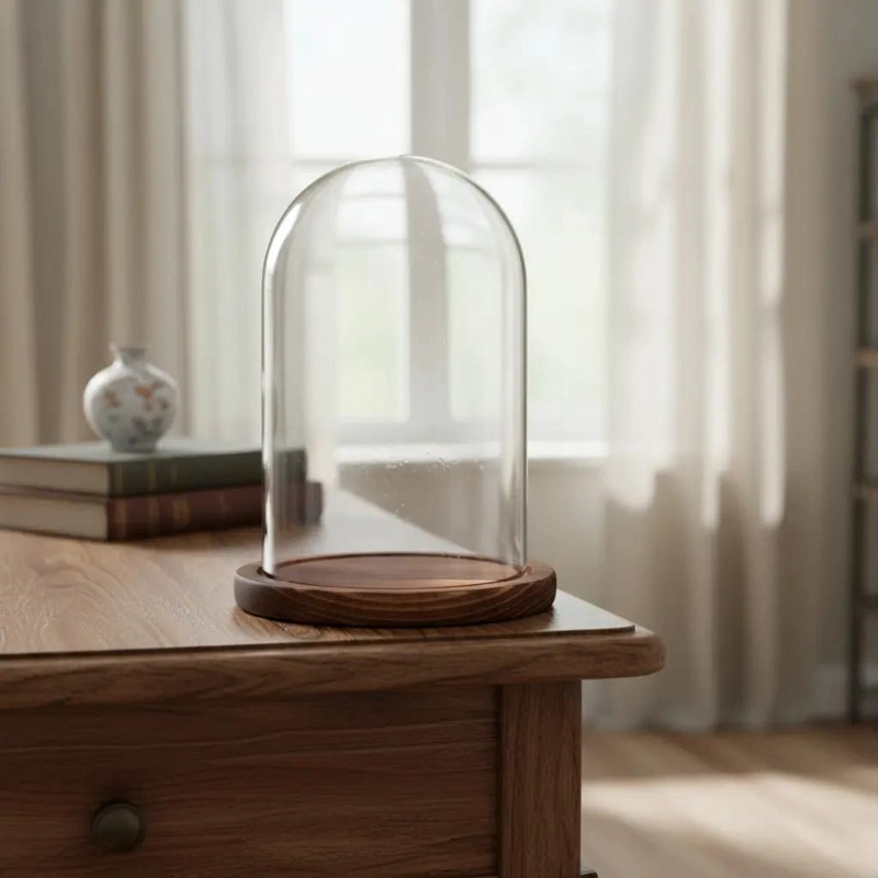 CUPULA DE CRISTAL CON BASE DE MADERA PARA DECORACION ELEGANTE - 10