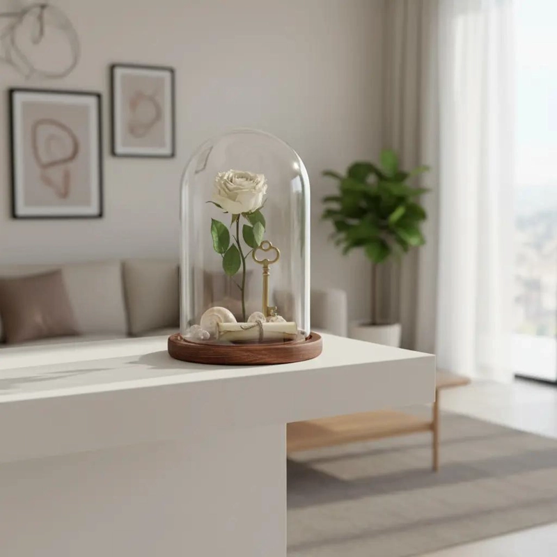 CUPULA DE CRISTAL CON BASE DE MADERA PARA DECORACION ELEGANTE - 9