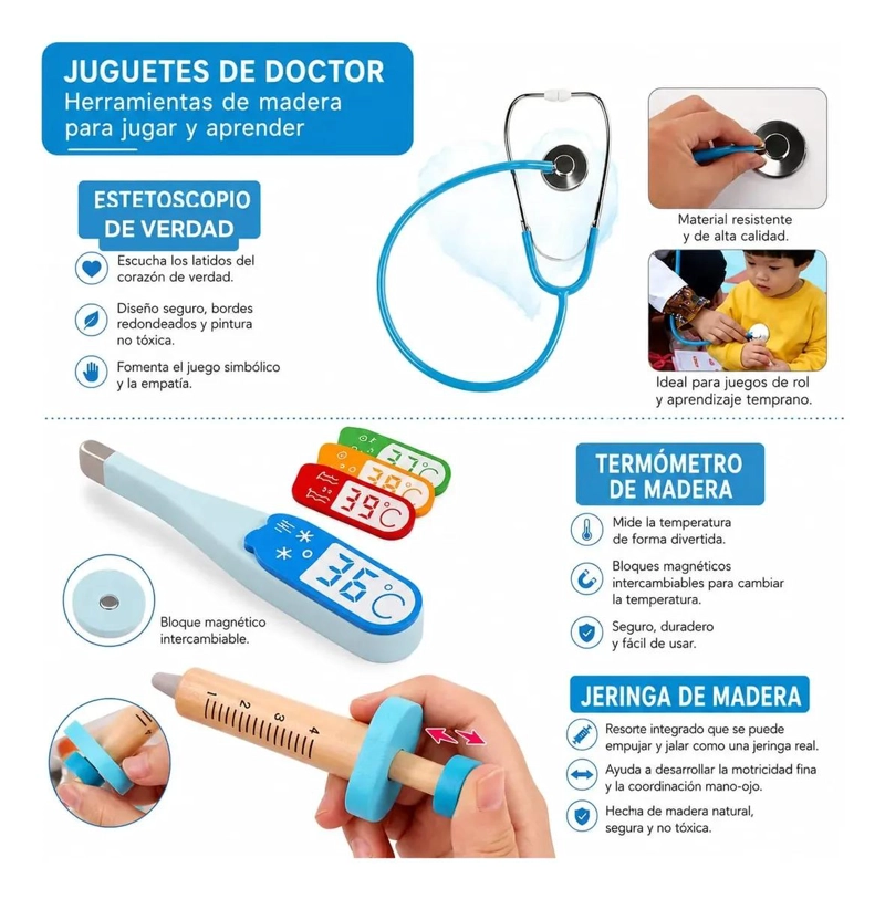 SET DE DOCTOR DE MADERA PARA JUEGOS DE ROL INFANTIL - 2