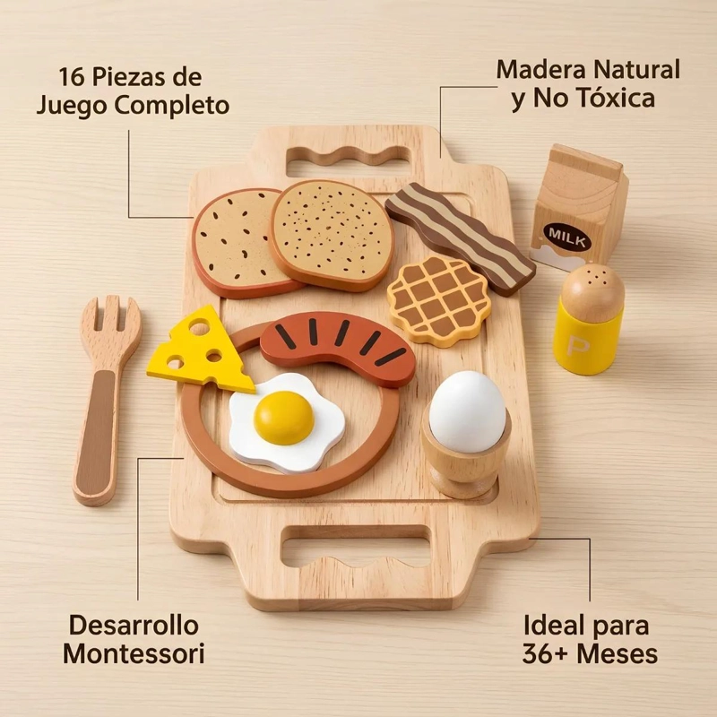 SET DE DESAYUNO DE MADERA PARA NIÑOS CON BANDEJA INTERACTIVA - 5