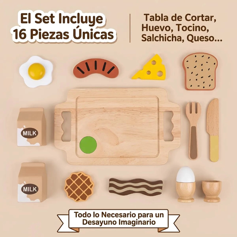 SET DE DESAYUNO DE MADERA PARA NIÑOS CON BANDEJA INTERACTIVA - 9