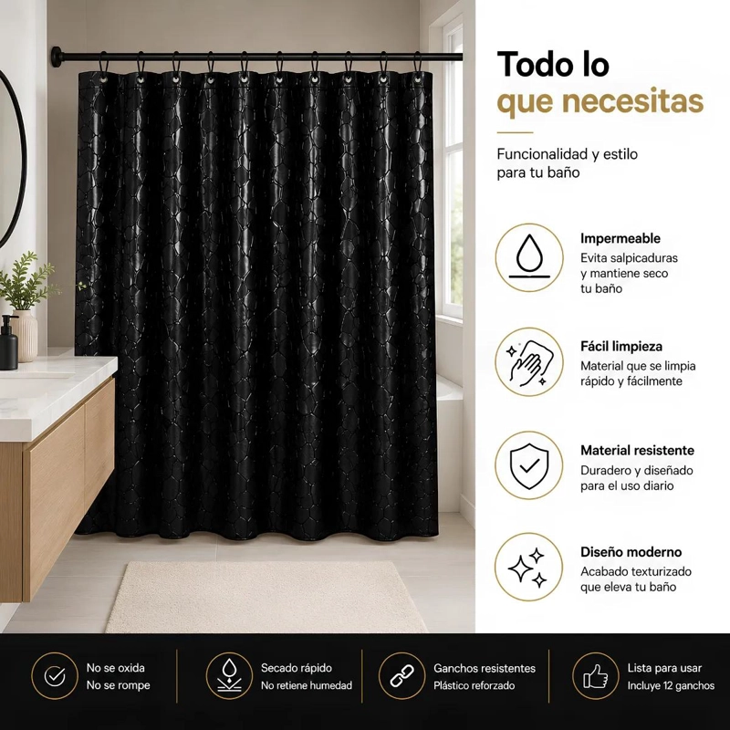 CORTINA DE DUCHA IMPERMEABLE 180X180 CM CON GANCHOS - 10