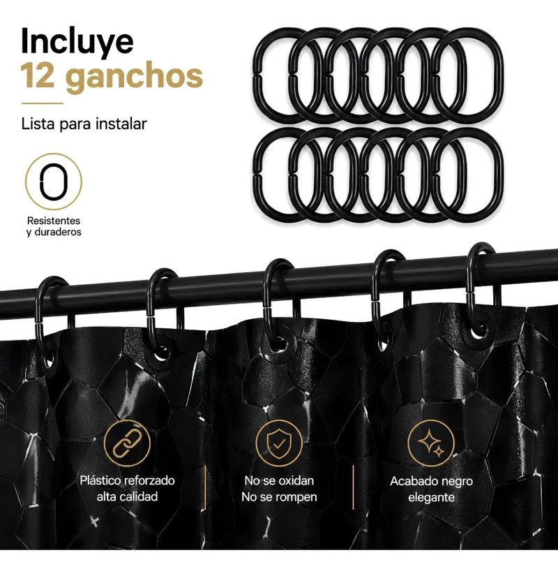 CORTINA DE DUCHA IMPERMEABLE 180X180 CM CON GANCHOS - 6