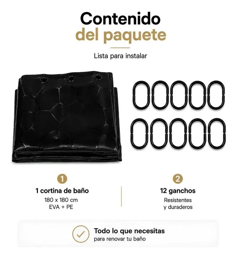 CORTINA DE DUCHA IMPERMEABLE 180X180 CM CON GANCHOS - 8