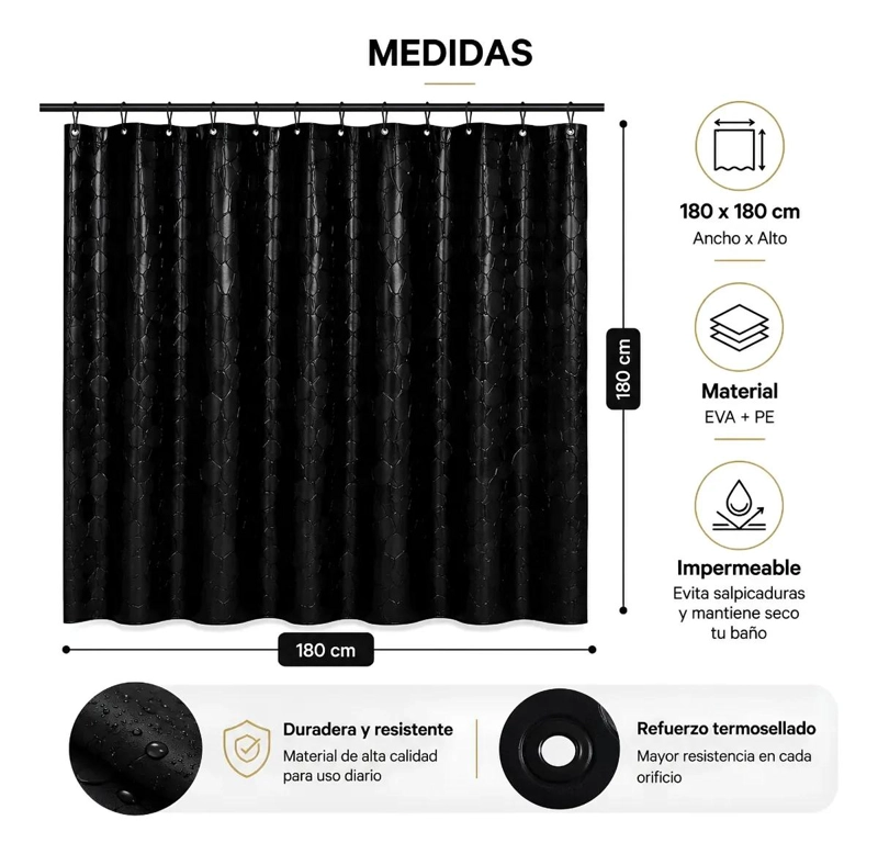 CORTINA DE DUCHA IMPERMEABLE 180X180 CM CON GANCHOS - 9