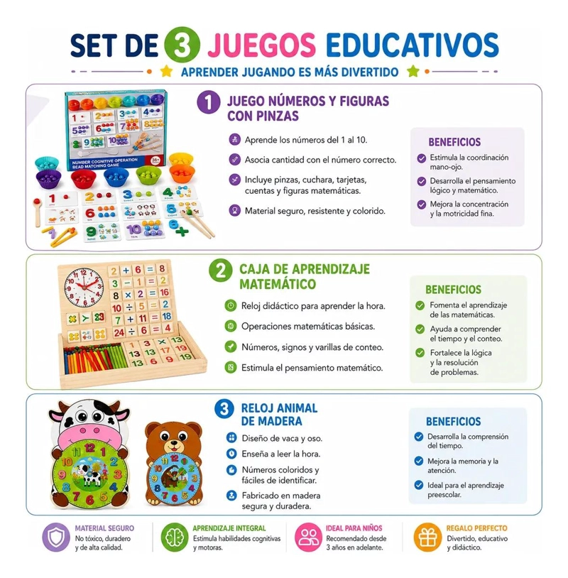 SET DE 3 JUGUETES DIDACTICOS DE MADERA PARA APRENDIZAJE TEMPRANO - 3