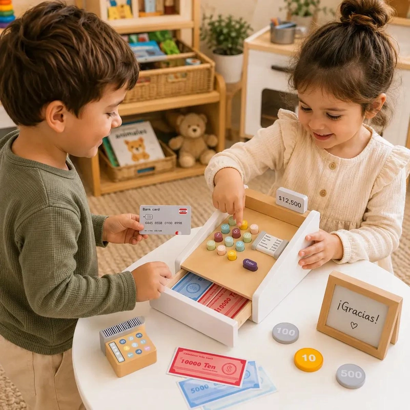 CAJA REGISTRADORA DE MADERA PARA NIÑOS CON DINERO JUGUETE EDUCATIVO - 1
